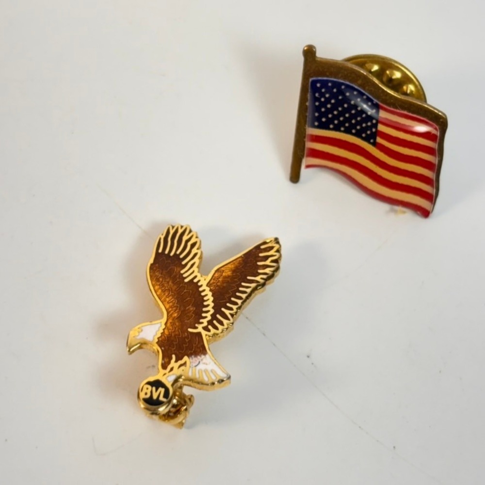 Vintage American Flag Eagle Pin Set Red White Blue Patriotic Americana BVL SEO